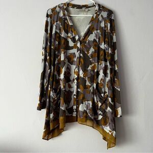 🍉 𝅺LOGO by Lori Goldstein Purple Gold Printed Chiffon Trim Cardigan
